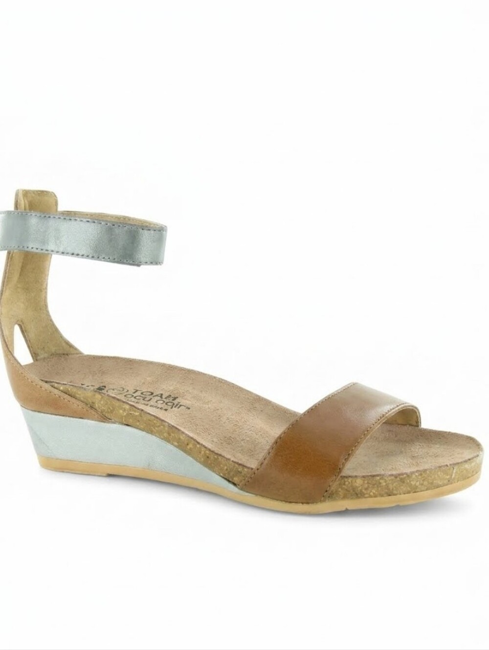 Naot Pixie Sandals Womens 6/6.5 EU 37 Orthopedic Wedge Silver/Maple Brown